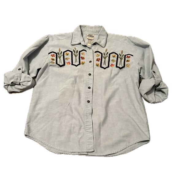 Vintage Fall Autumn Floral Embroidery Button Up Denim Shirt / small * - Picture 1 of 4